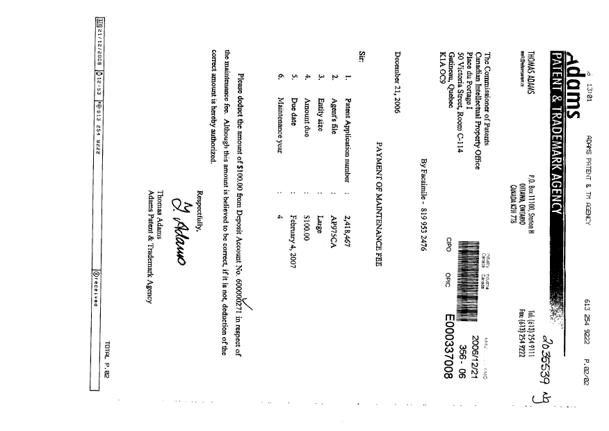 Document de brevet canadien 2418467. Taxes 20061221. Image 1 de 1
