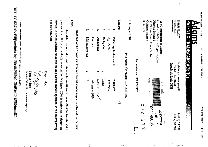 Document de brevet canadien 2418467. Taxes 20100204. Image 1 de 1