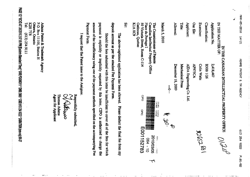 Document de brevet canadien 2418467. Correspondance 20100305. Image 1 de 1