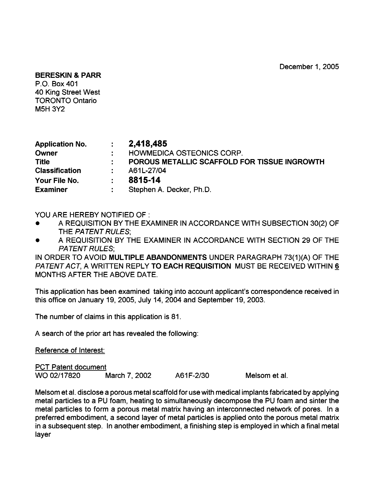 Canadian Patent Document 2418485. Prosecution-Amendment 20051201. Image 1 of 4