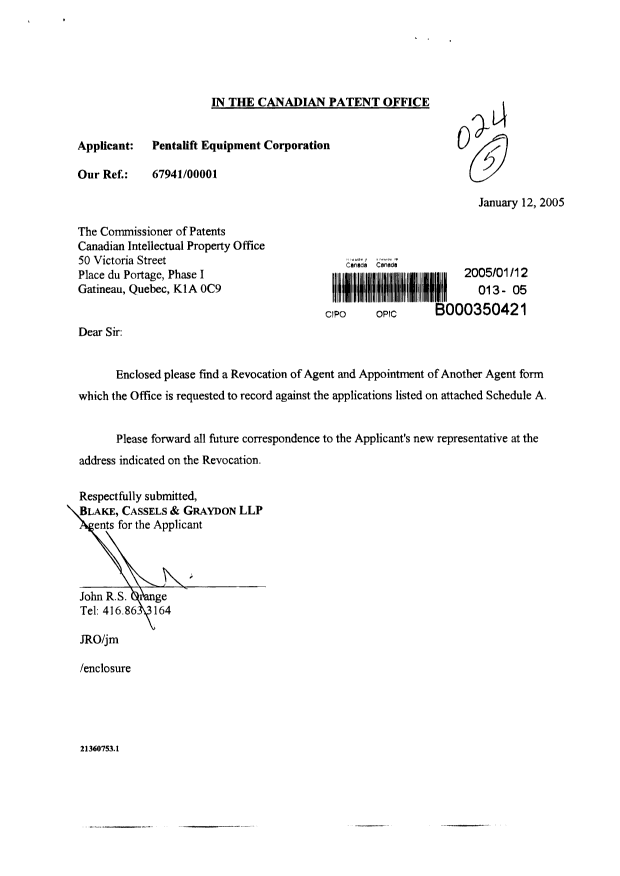 Document de brevet canadien 2418525. Correspondance 20050112. Image 1 de 3