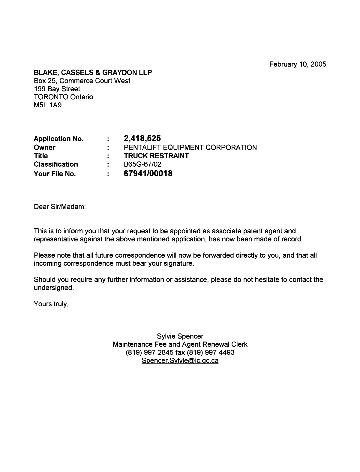 Document de brevet canadien 2418525. Correspondance 20050210. Image 1 de 1