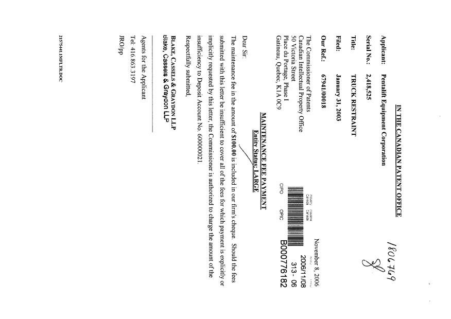 Document de brevet canadien 2418525. Taxes 20061108. Image 1 de 1