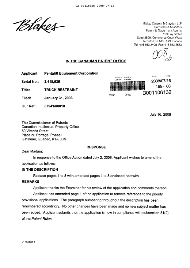 Document de brevet canadien 2418525. Poursuite-Amendment 20080716. Image 1 de 10