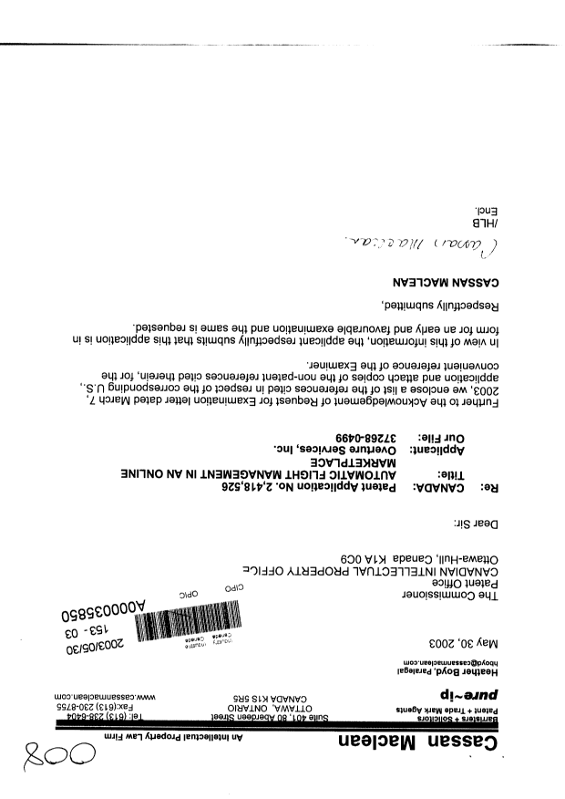 Canadian Patent Document 2418526. Prosecution-Amendment 20030530. Image 1 of 1