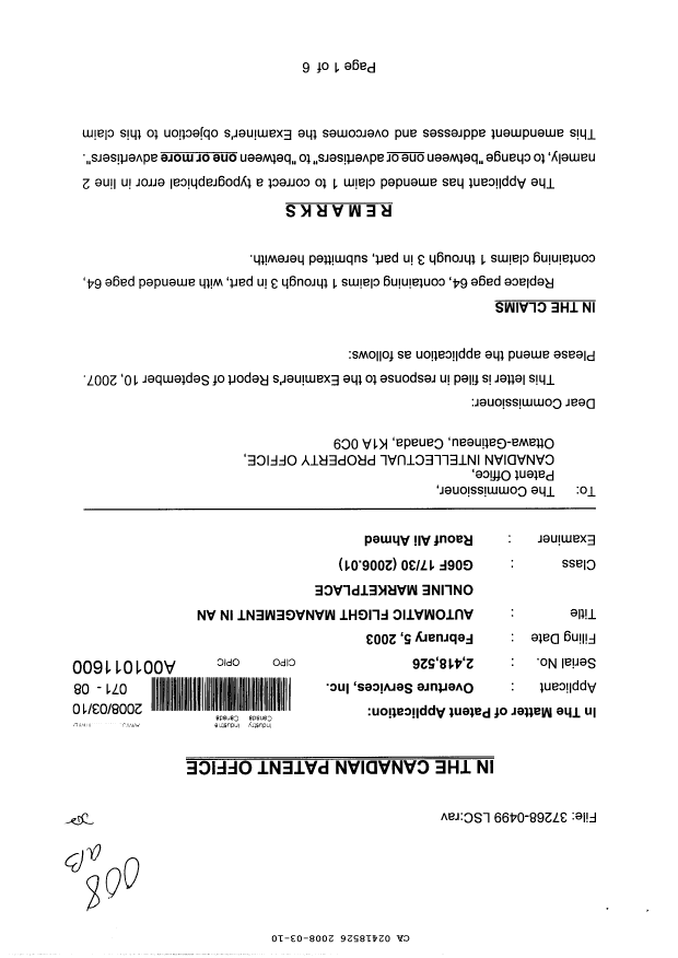 Canadian Patent Document 2418526. Prosecution-Amendment 20080310. Image 1 of 7