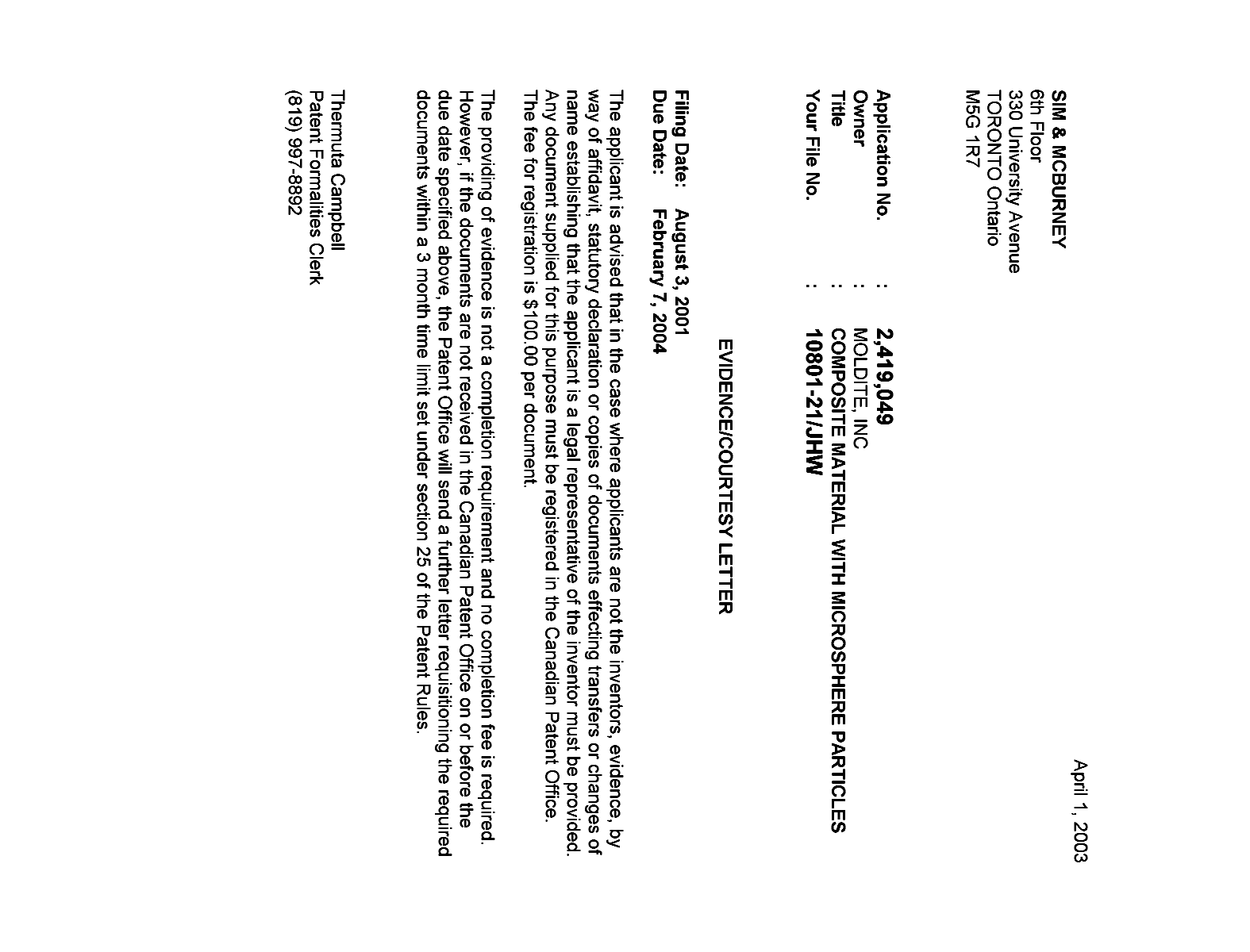 Canadian Patent Document 2419049. Correspondence 20030327. Image 1 of 1