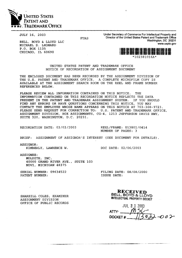 Document de brevet canadien 2419049. Cession 20040202. Image 2 de 5