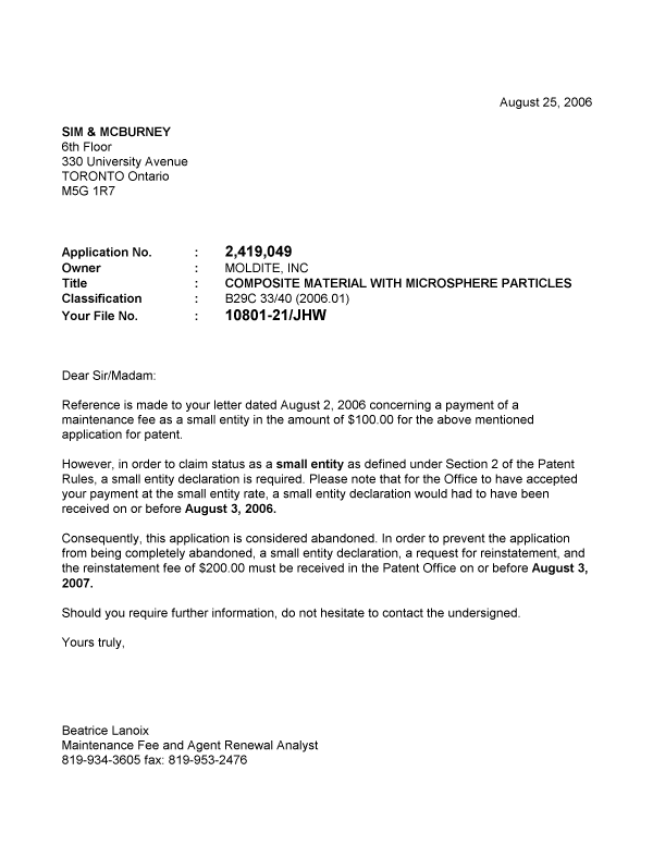 Document de brevet canadien 2419049. Correspondance 20060825. Image 1 de 1