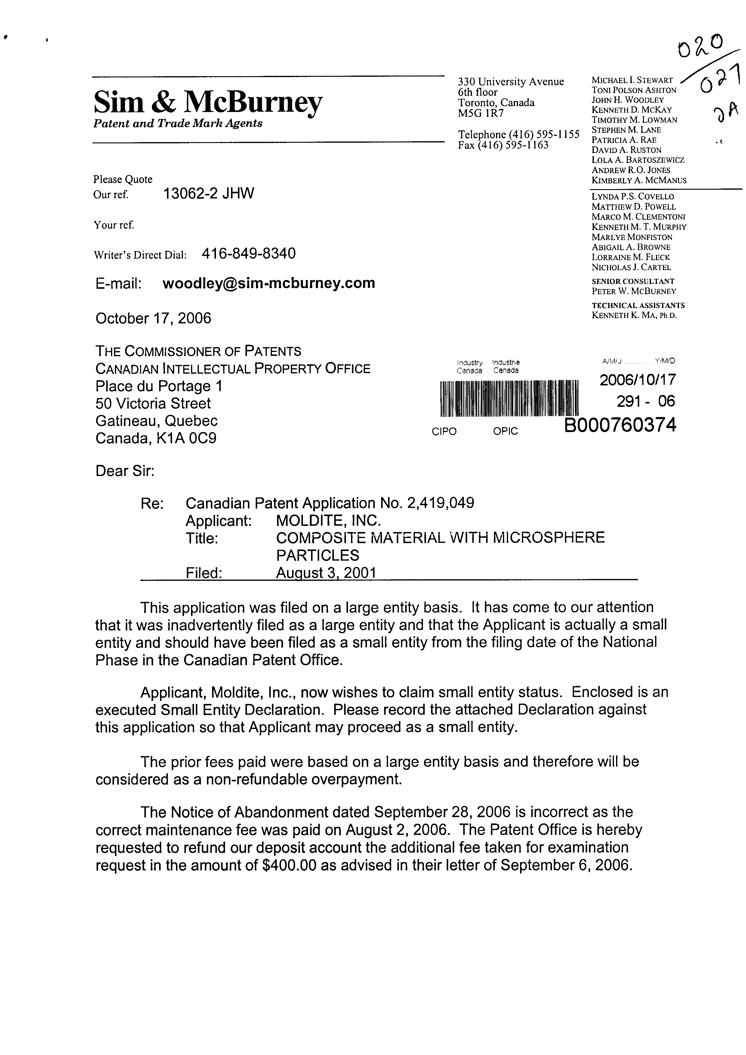 Canadian Patent Document 2419049. Correspondence 20061017. Image 1 of 3