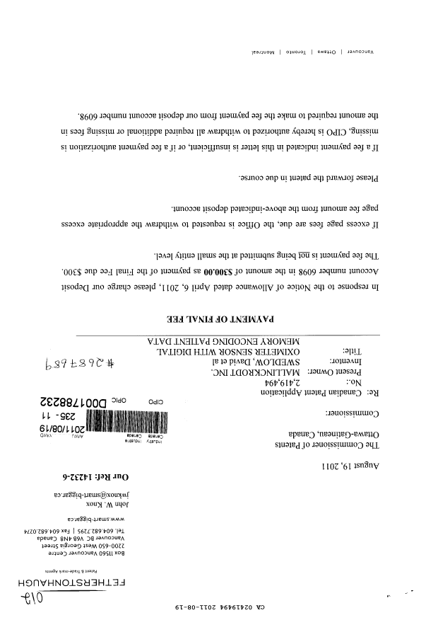 Canadian Patent Document 2419494. Correspondence 20110819. Image 1 of 2