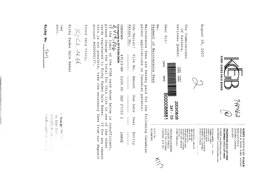 Document de brevet canadien 2419806. Taxes 20030828. Image 1 de 1