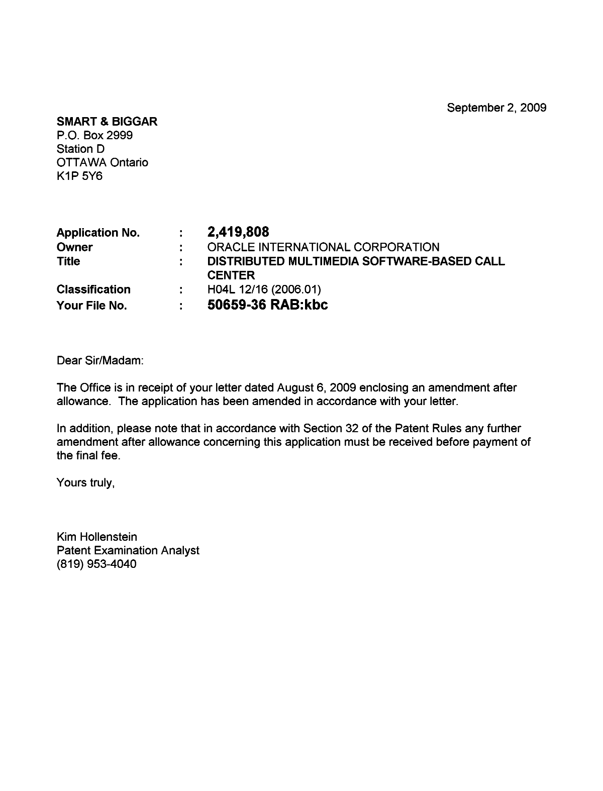 Document de brevet canadien 2419808. Correspondance 20090902. Image 1 de 1