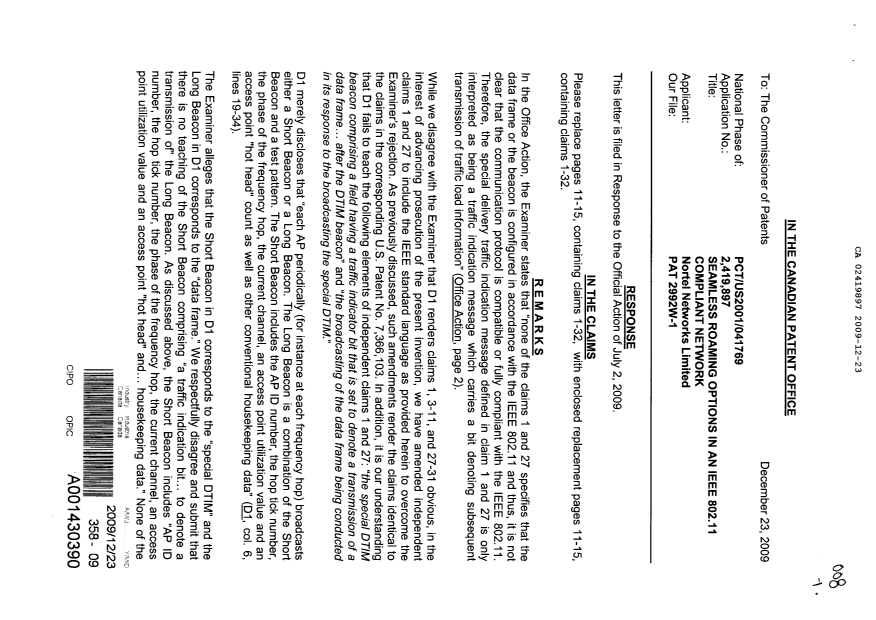 Document de brevet canadien 2419897. Poursuite-Amendment 20091223. Image 1 de 7