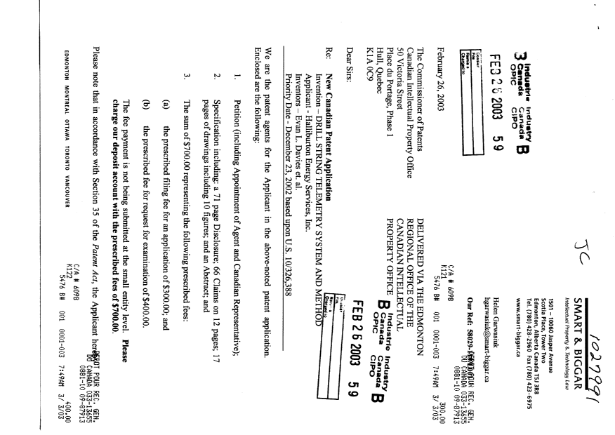 Document de brevet canadien 2419914. Cession 20030226. Image 1 de 5