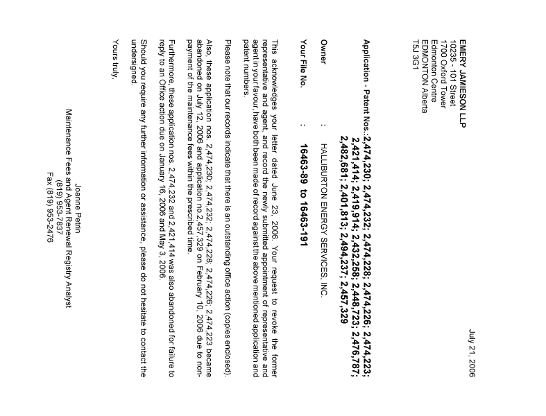 Document de brevet canadien 2419914. Correspondance 20060721. Image 1 de 2
