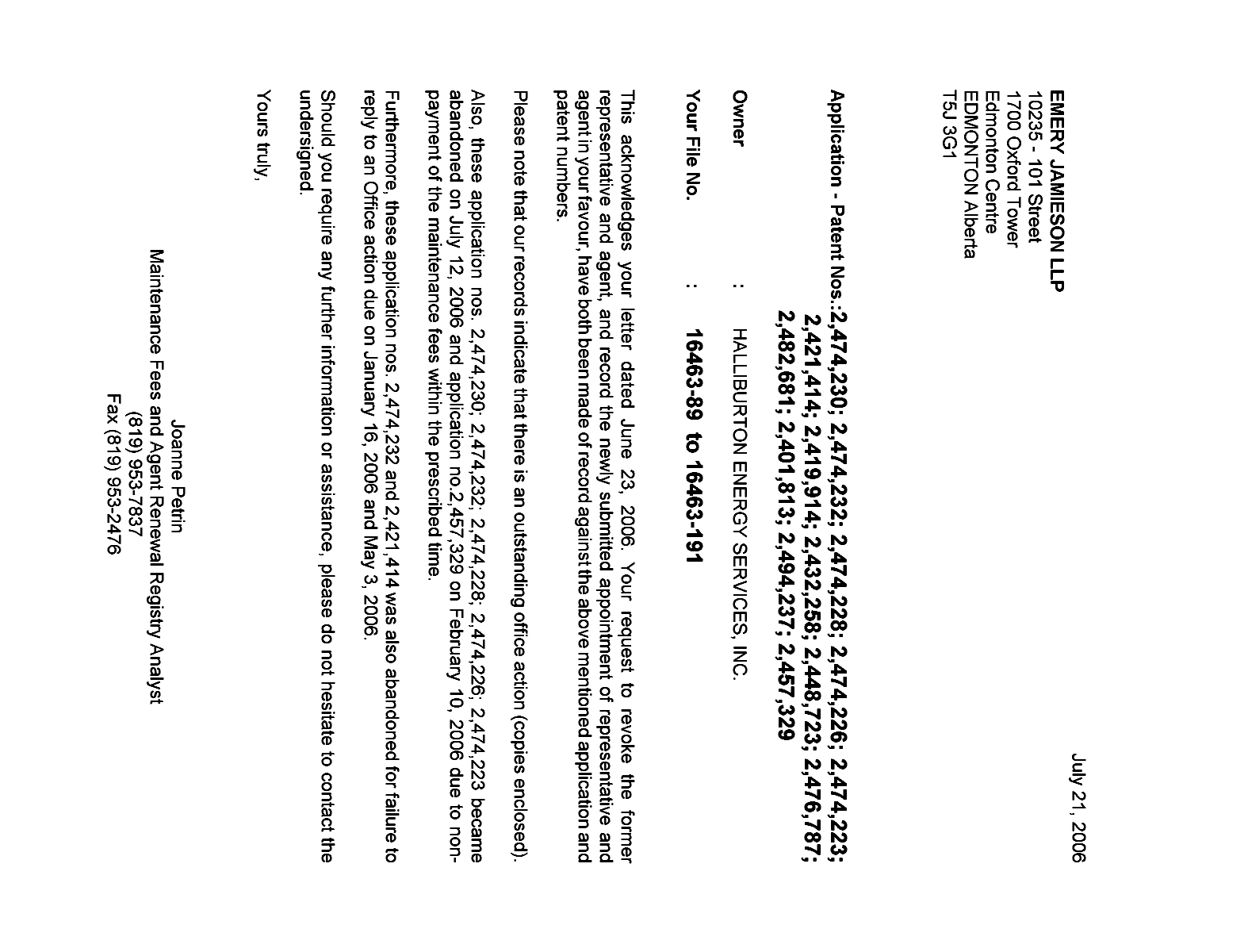 Canadian Patent Document 2419914. Correspondence 20060721. Image 1 of 2