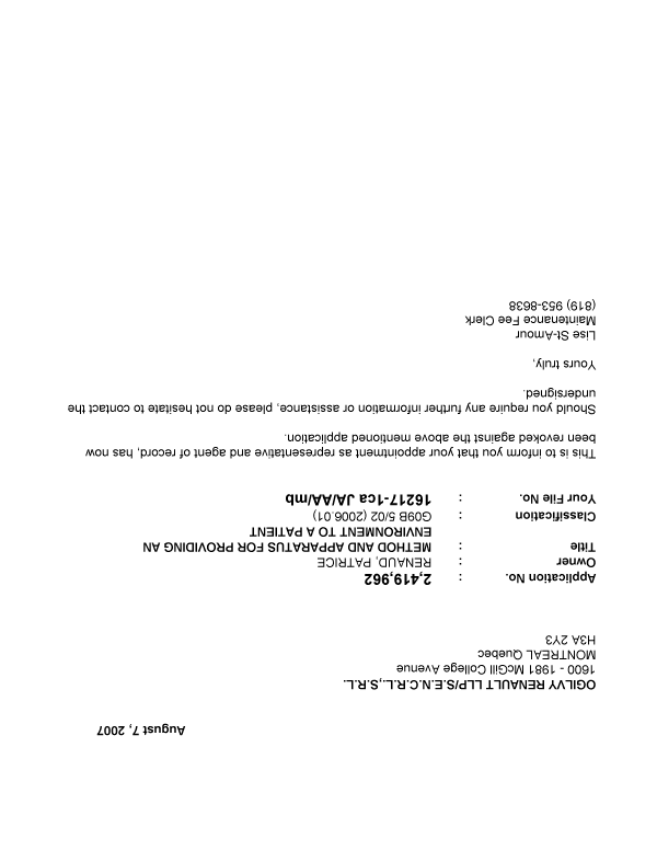 Canadian Patent Document 2419962. Correspondence 20070807. Image 1 of 1