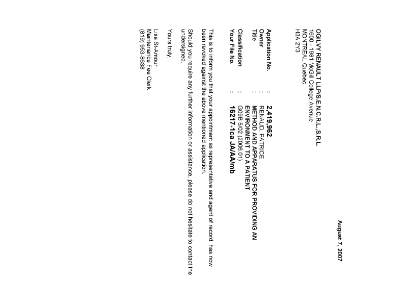 Document de brevet canadien 2419962. Correspondance 20070807. Image 1 de 1