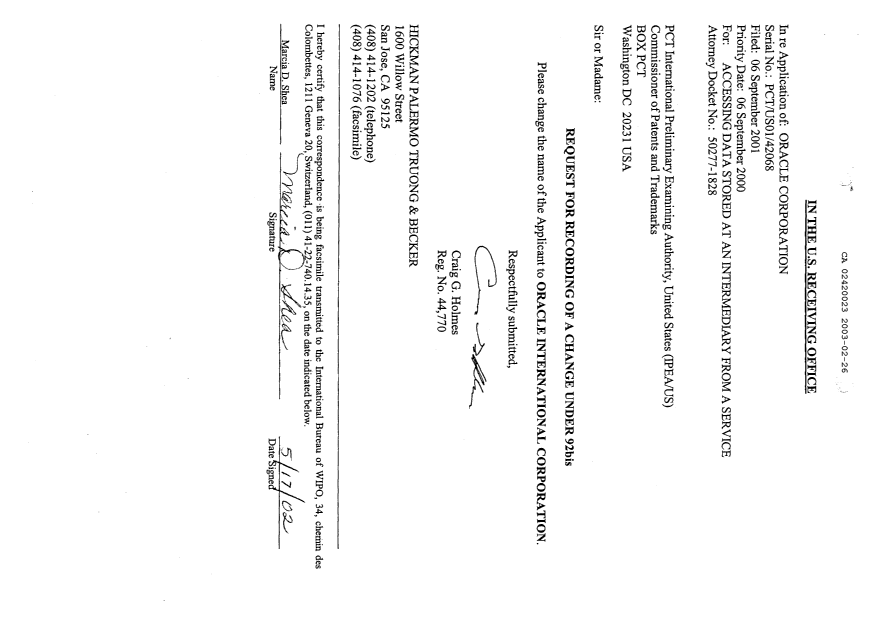 Document de brevet canadien 2420023. Cession 20030226. Image 5 de 5