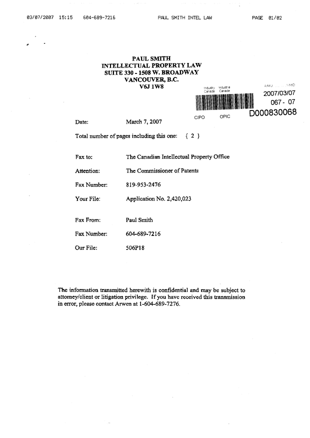 Document de brevet canadien 2420023. Poursuite-Amendment 20070307. Image 2 de 2