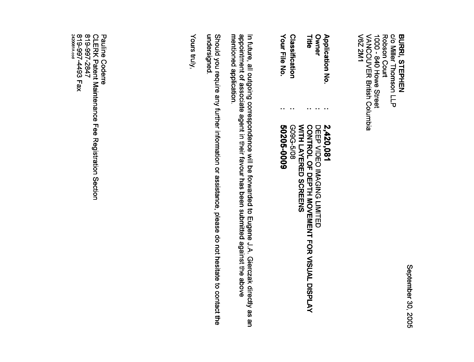 Canadian Patent Document 2420081. Correspondence 20050930. Image 1 of 1