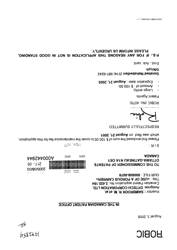 Document de brevet canadien 2420194. Taxes 20050803. Image 1 de 1