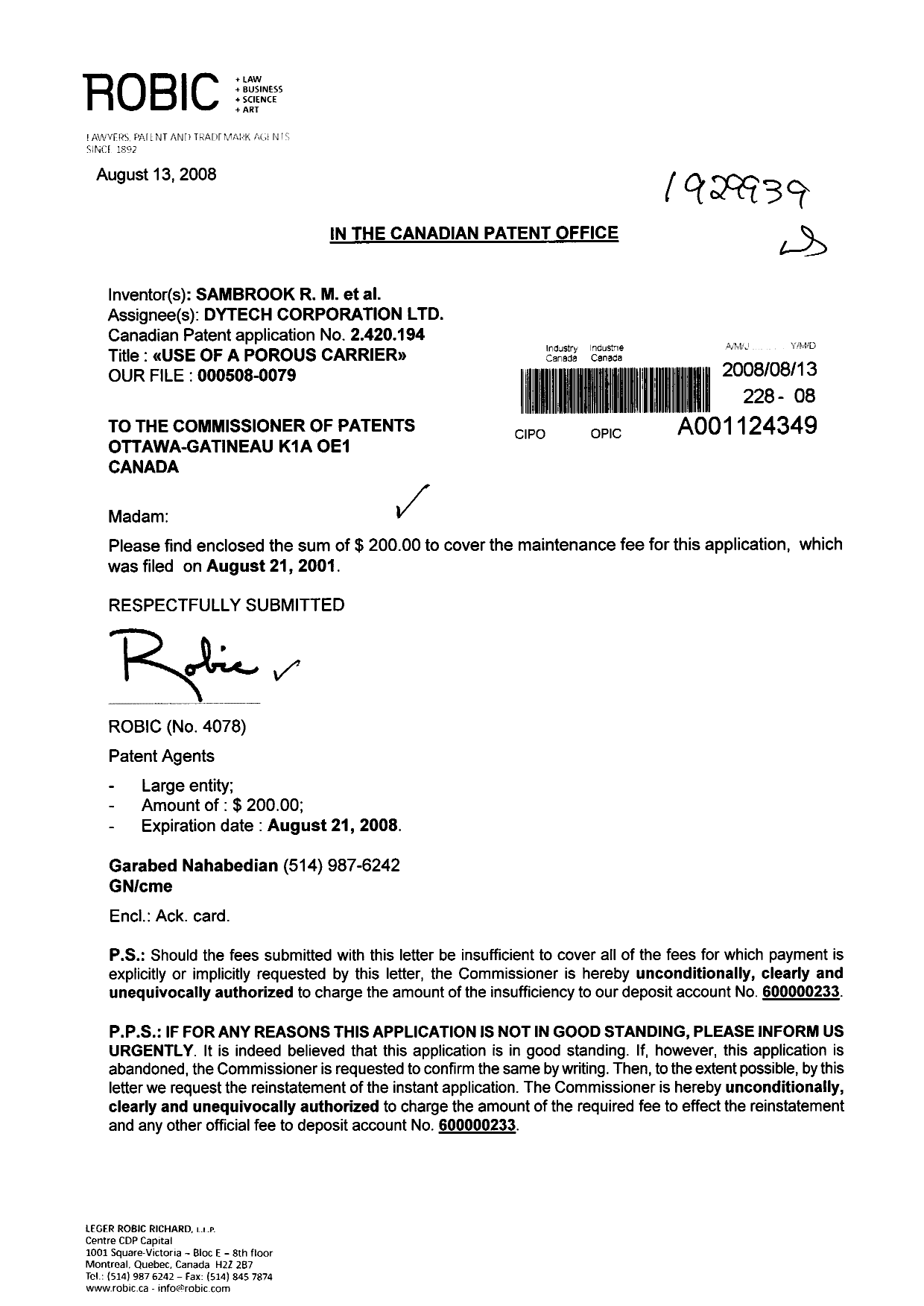Document de brevet canadien 2420194. Taxes 20071213. Image 1 de 1