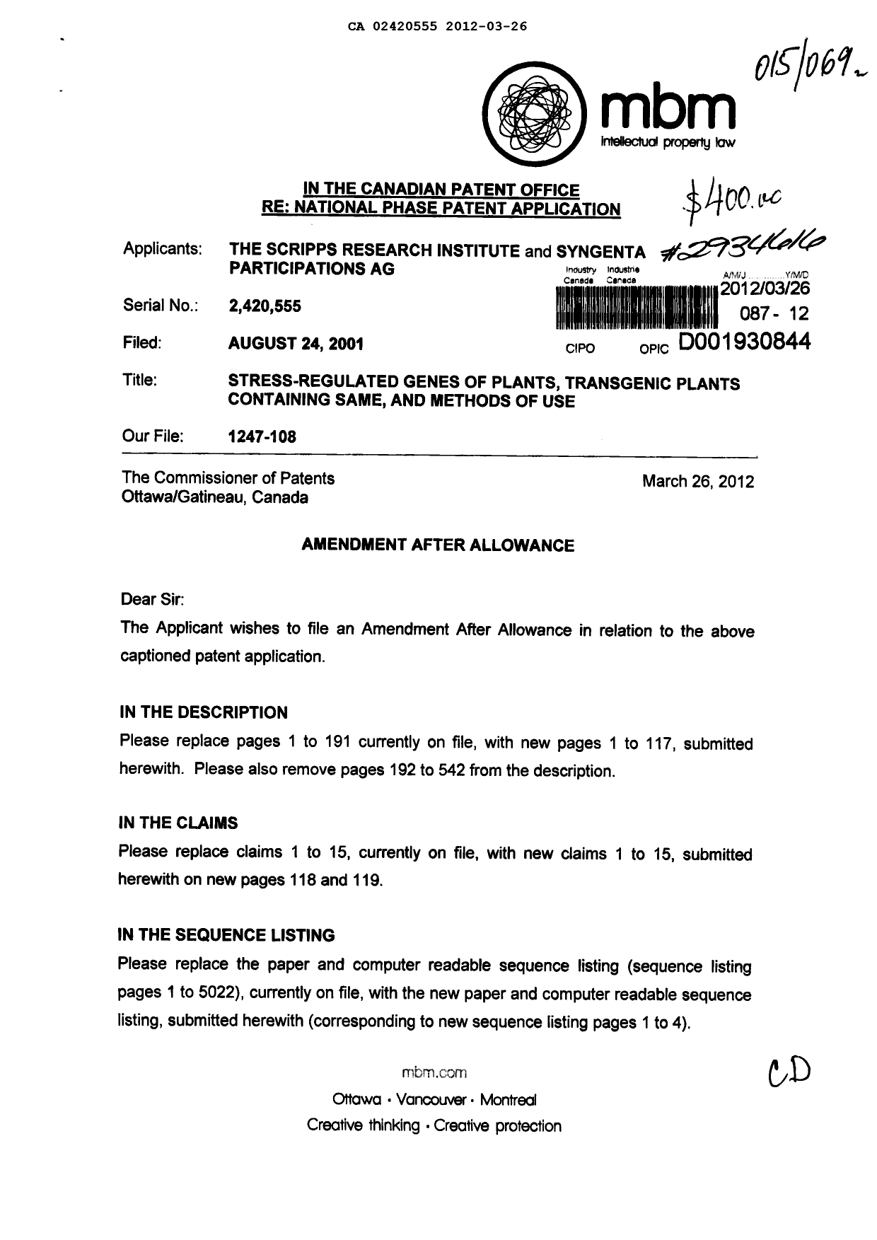Document de brevet canadien 2420555. Poursuite-Amendment 20120326. Image 1 de 126
