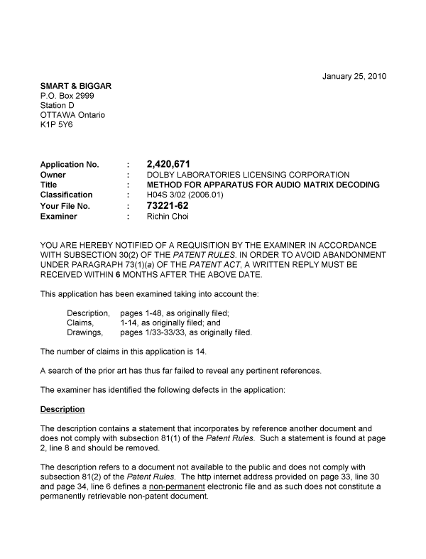 Canadian Patent Document 2420671. Prosecution-Amendment 20100125. Image 1 of 2