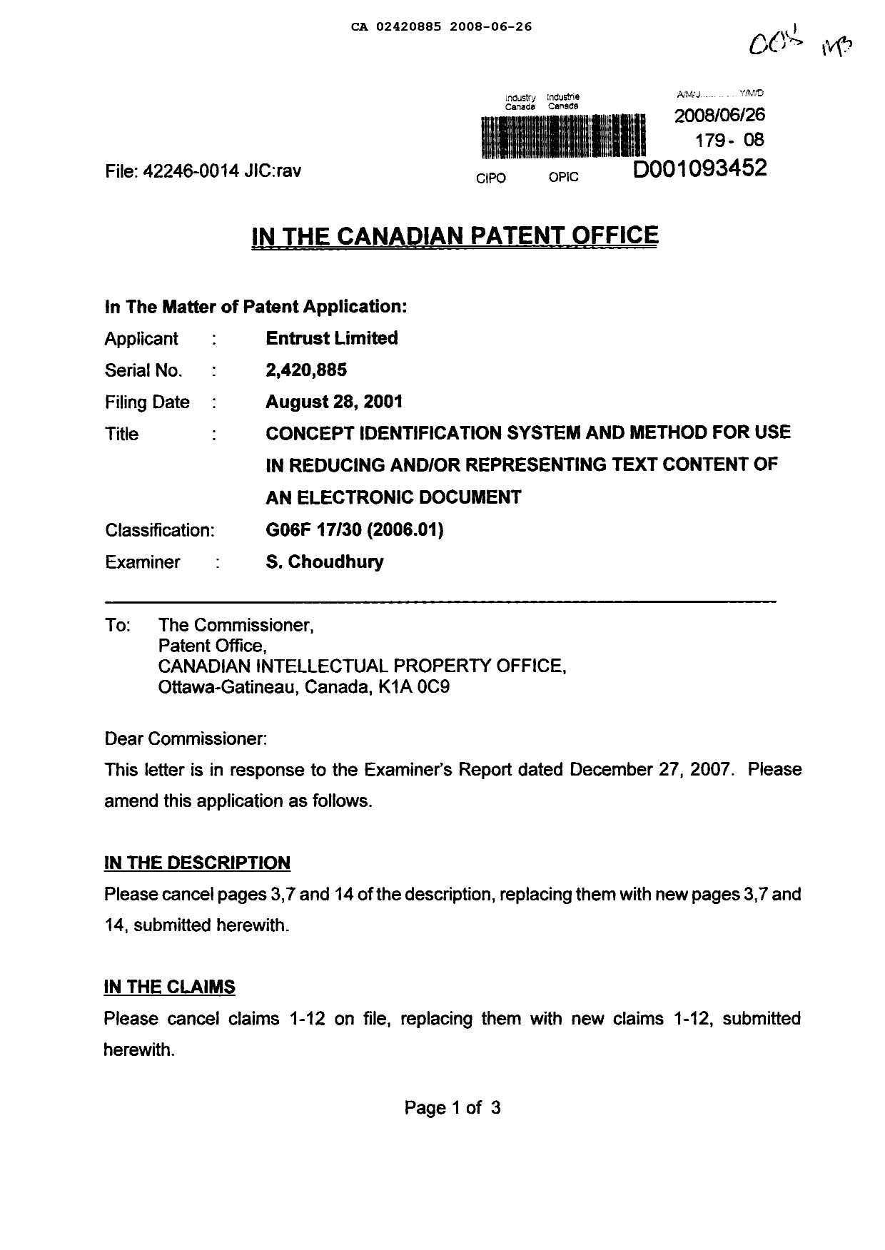 Canadian Patent Document 2420885. Prosecution-Amendment 20080626. Image 1 of 13