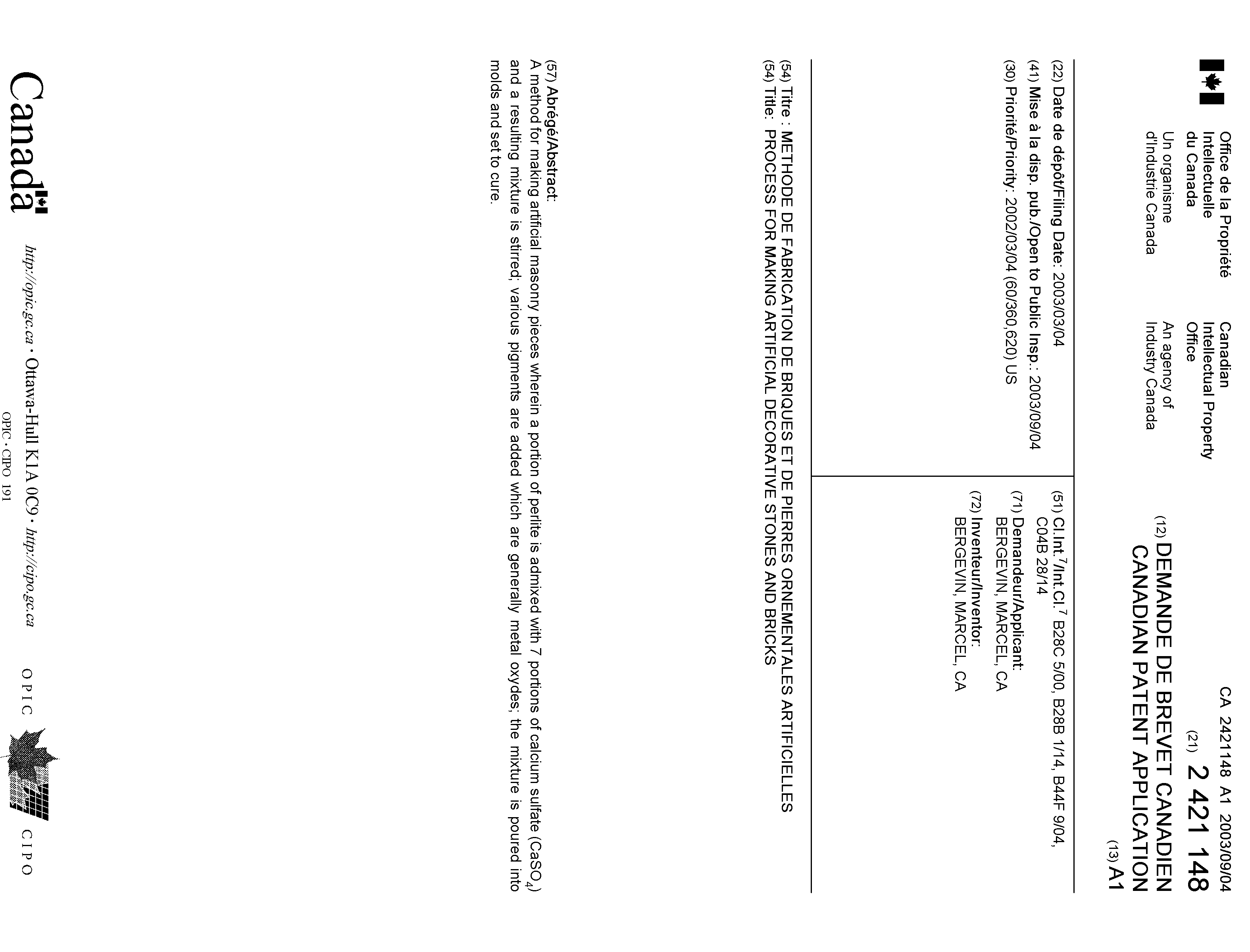 Canadian Patent Document 2421148. Cover Page 20021208. Image 1 of 1