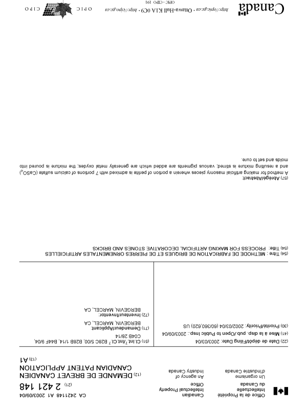 Document de brevet canadien 2421148. Page couverture 20021208. Image 1 de 1