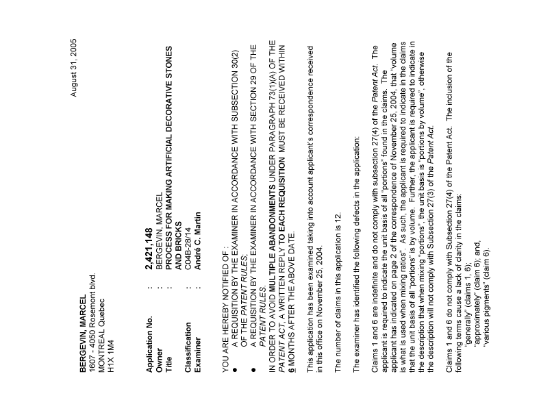 Document de brevet canadien 2421148. Poursuite-Amendment 20041231. Image 1 de 2