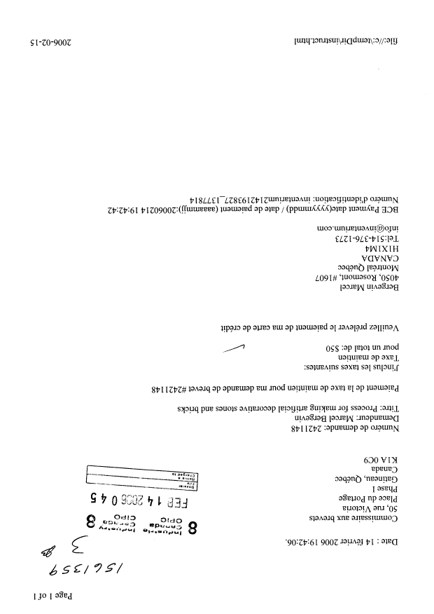 Document de brevet canadien 2421148. Taxes 20051214. Image 1 de 1