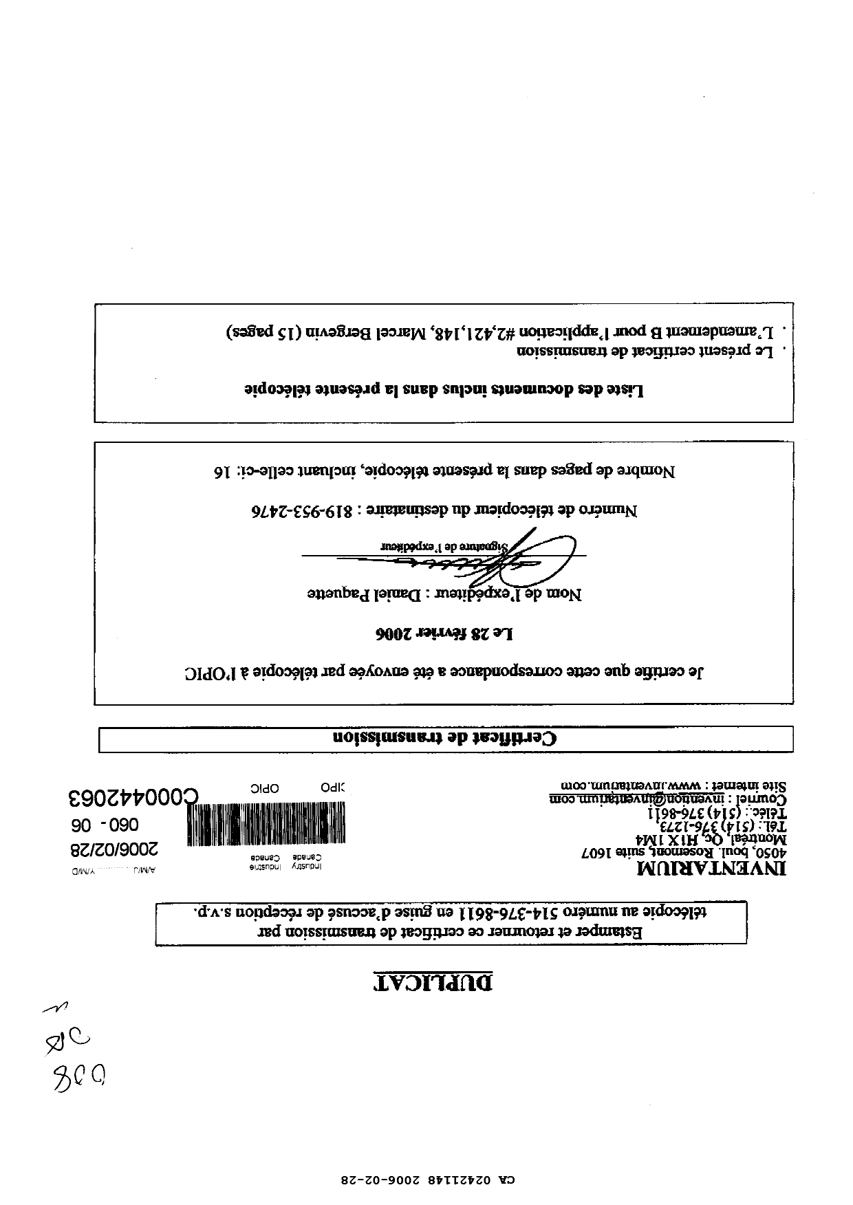 Canadian Patent Document 2421148. Prosecution-Amendment 20051228. Image 1 of 16
