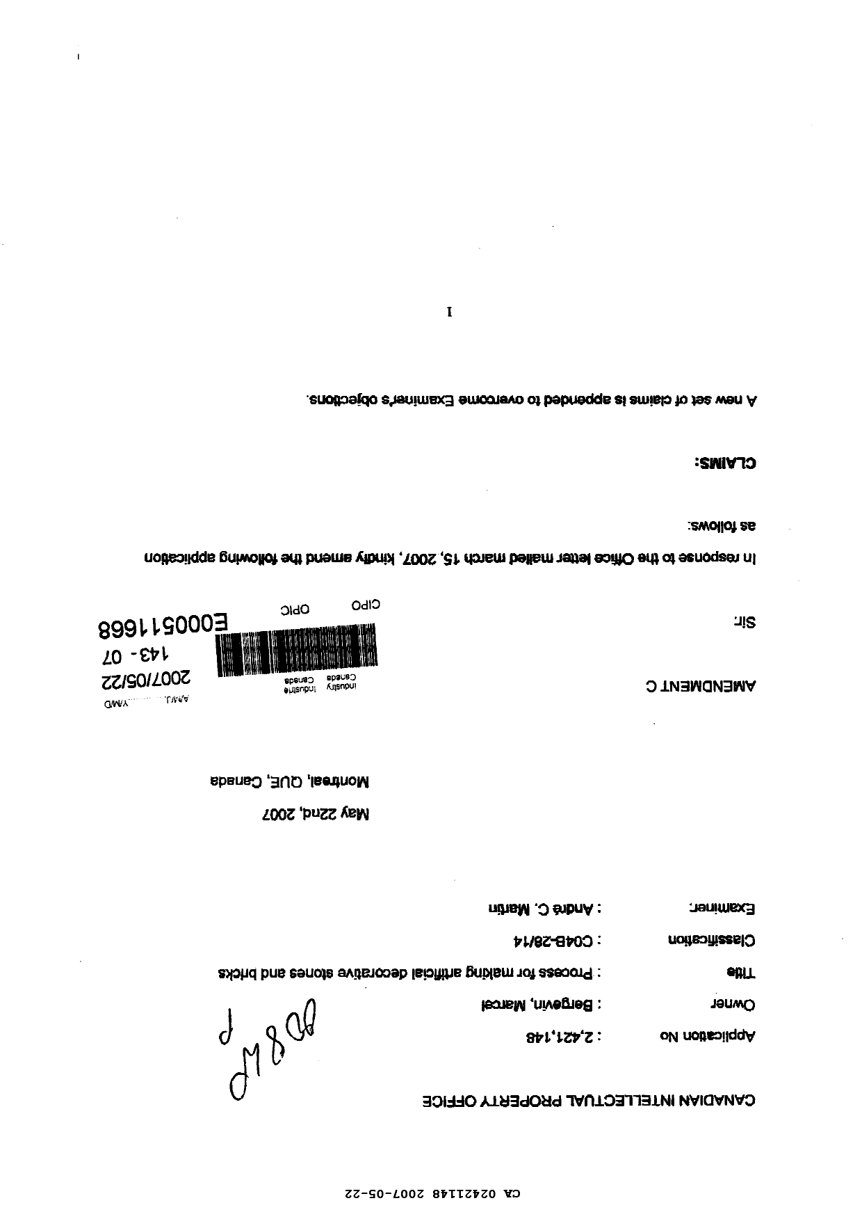 Document de brevet canadien 2421148. Poursuite-Amendment 20061222. Image 1 de 6
