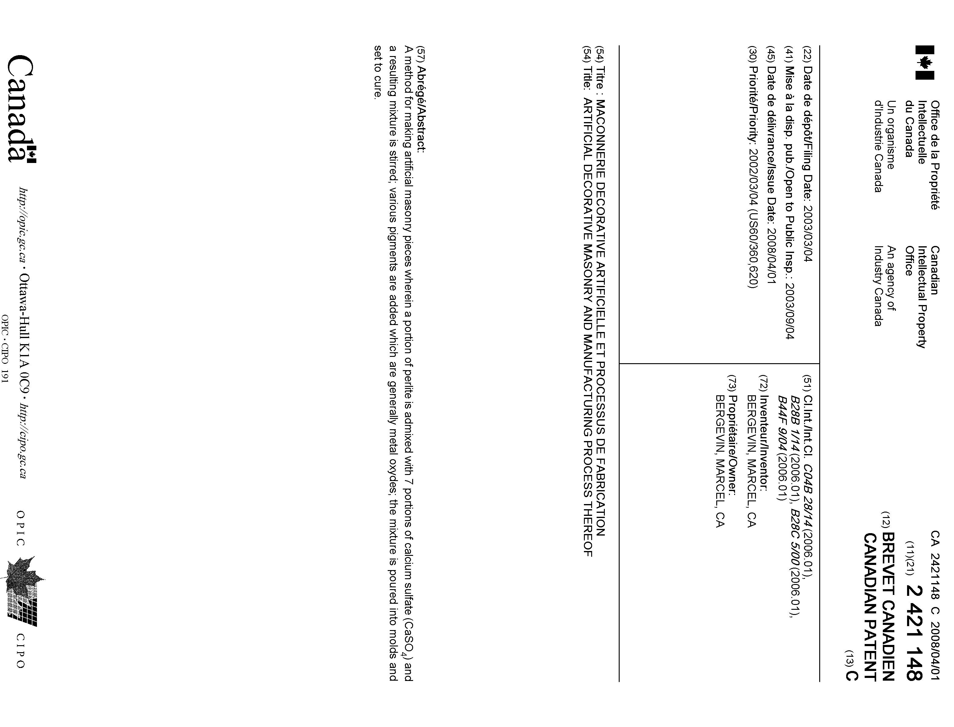Canadian Patent Document 2421148. Cover Page 20071204. Image 1 of 1