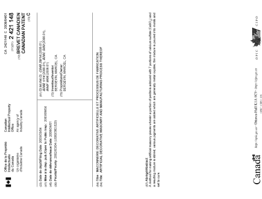 Document de brevet canadien 2421148. Page couverture 20071204. Image 1 de 1