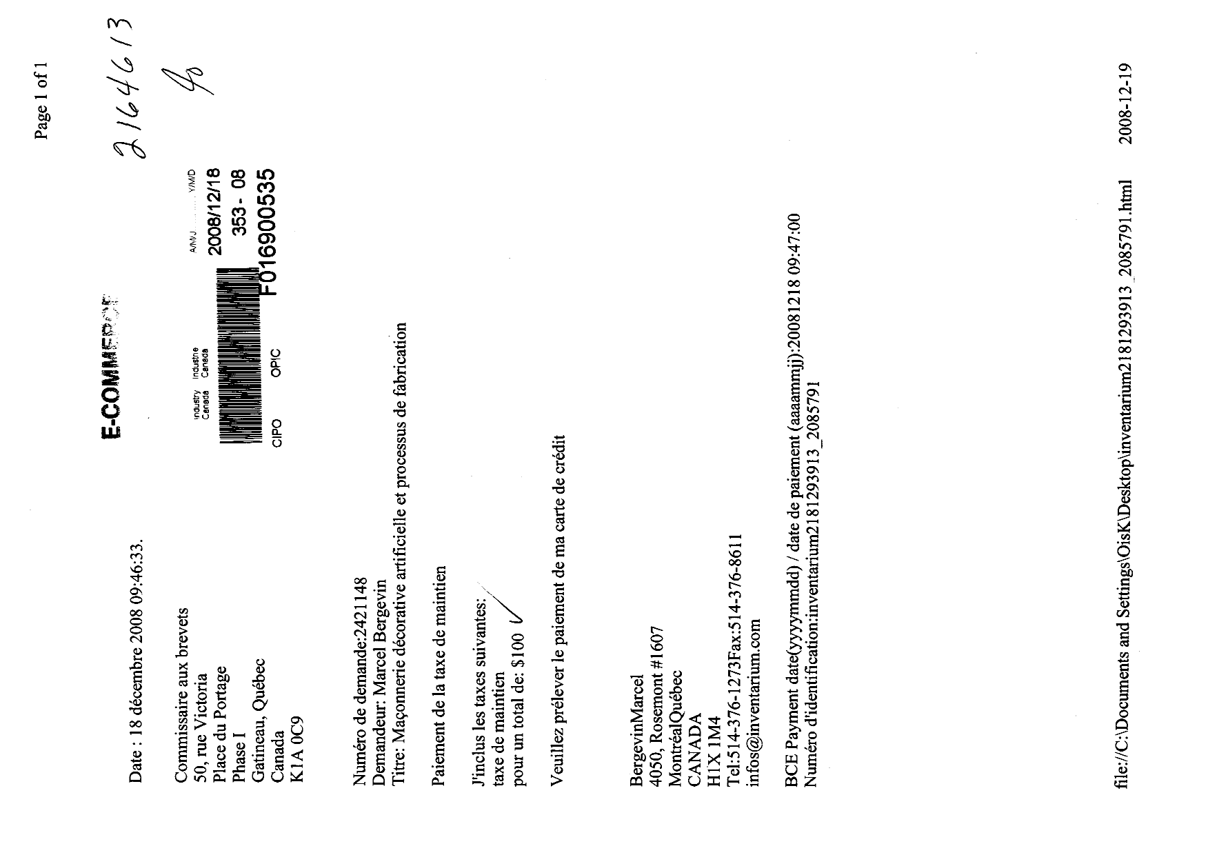 Document de brevet canadien 2421148. Taxes 20071218. Image 1 de 1