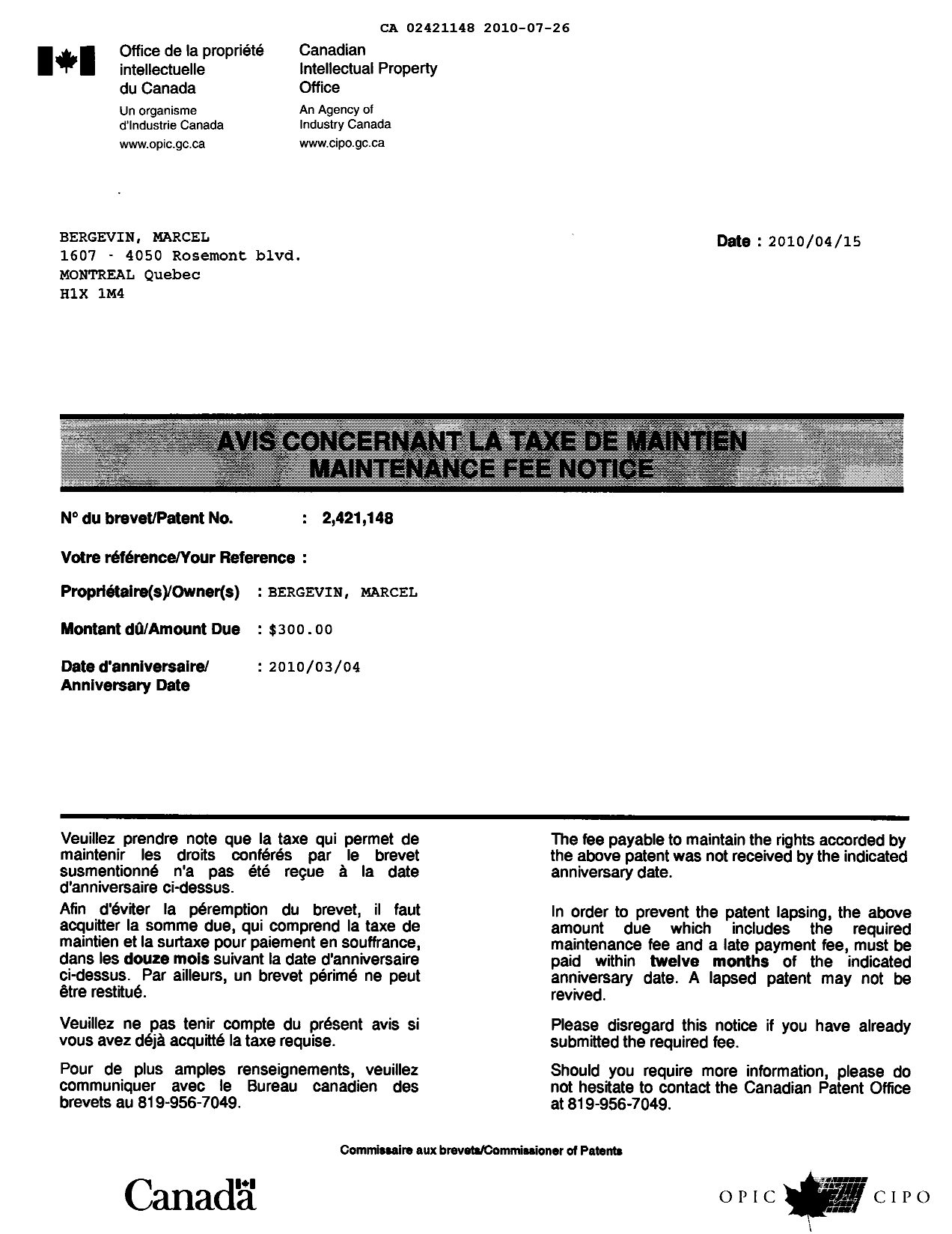 Canadian Patent Document 2421148. Correspondence 20091226. Image 1 of 3