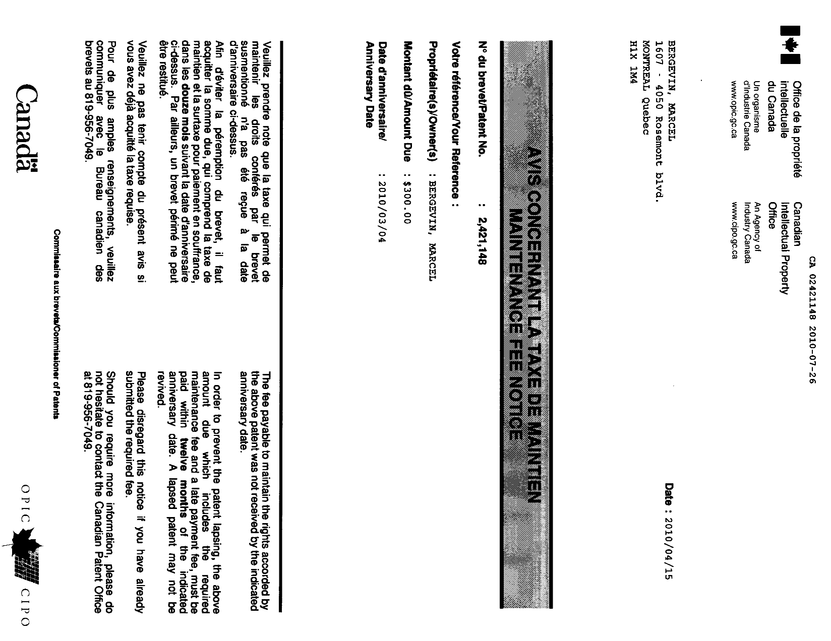 Document de brevet canadien 2421148. Correspondance 20091226. Image 1 de 3