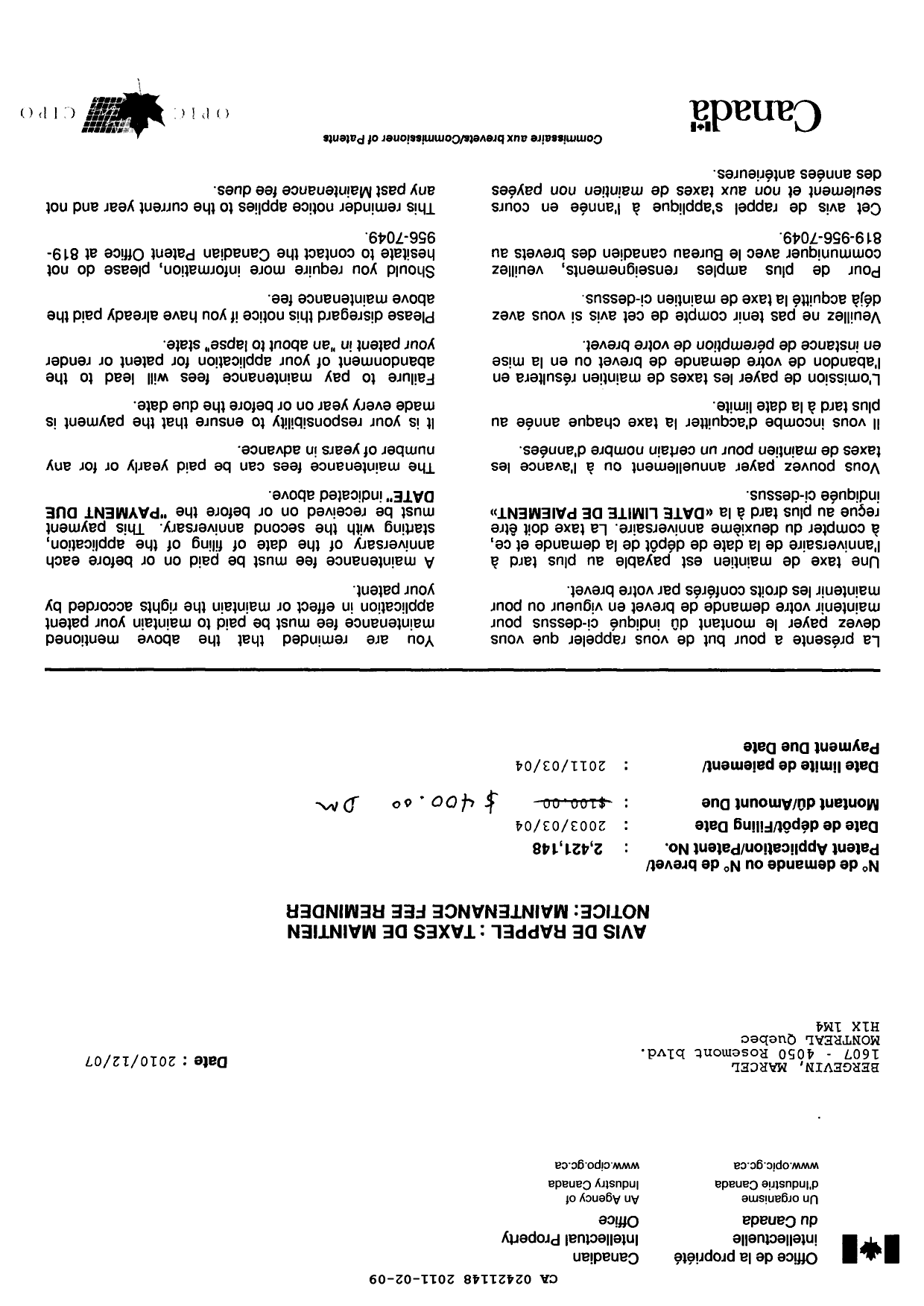 Canadian Patent Document 2421148. Correspondence 20101209. Image 1 of 4