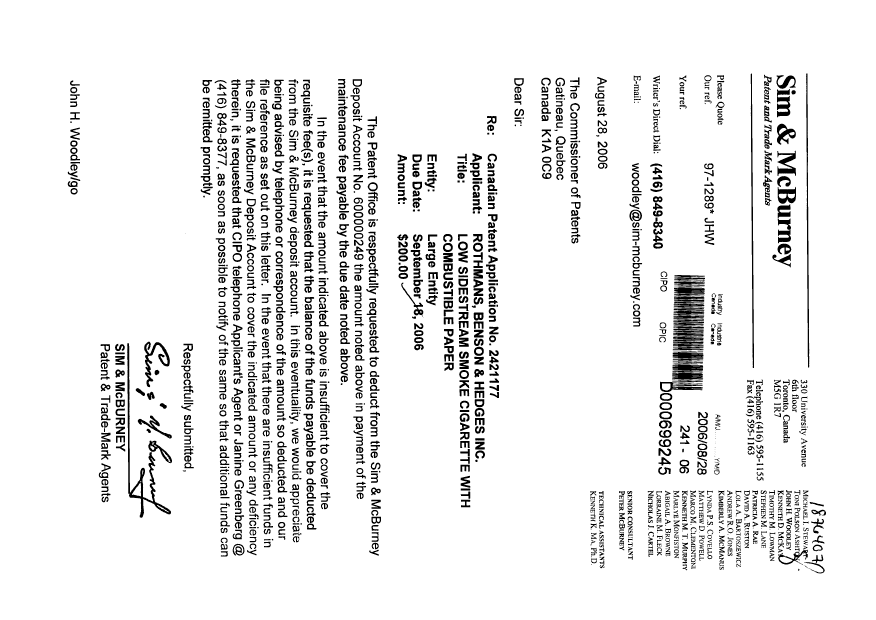Document de brevet canadien 2421177. Taxes 20060828. Image 1 de 1