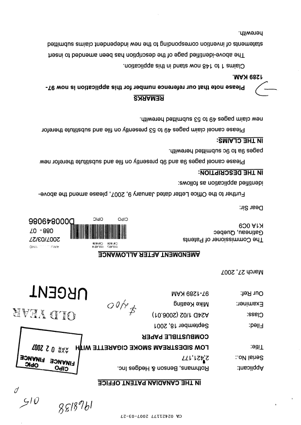 Canadian Patent Document 2421177. Prosecution-Amendment 20070327. Image 1 of 13