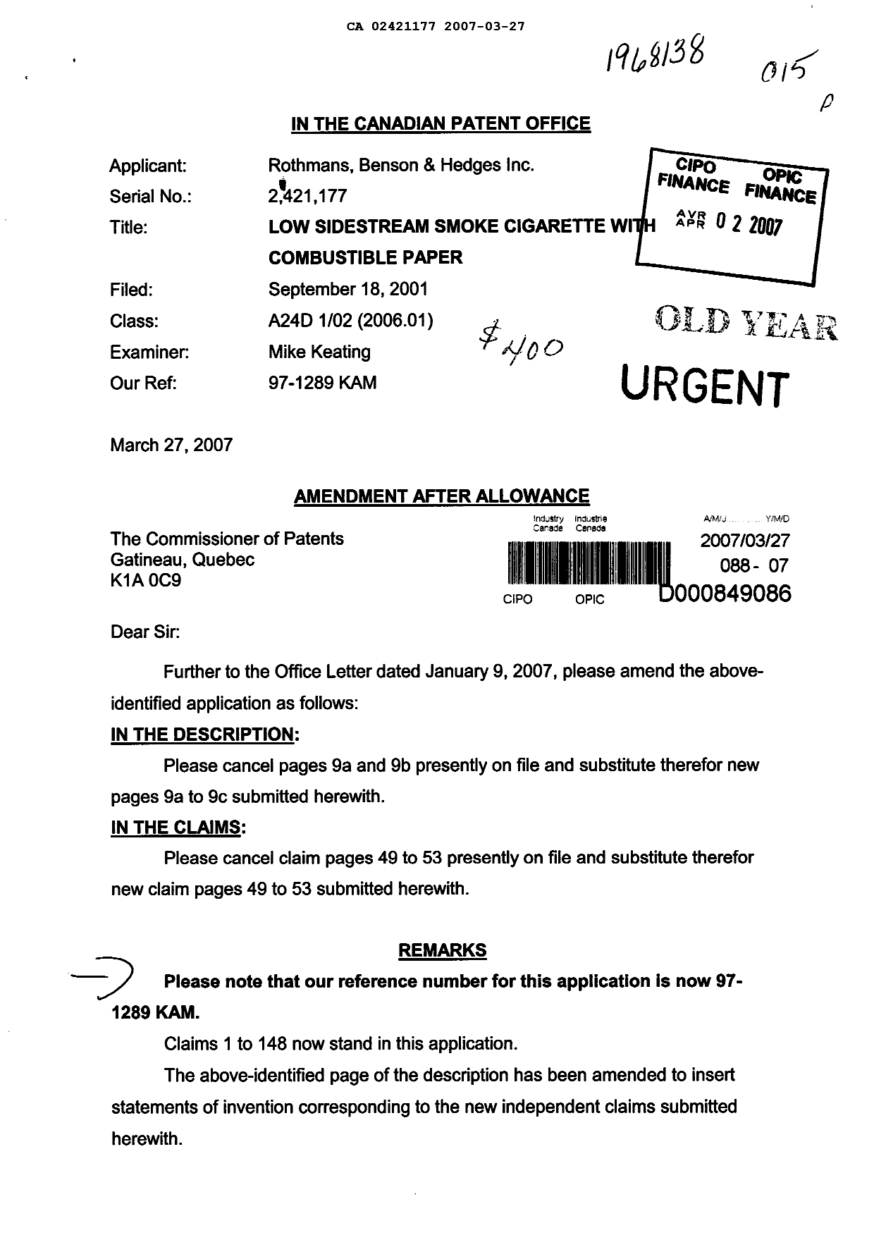 Document de brevet canadien 2421177. Poursuite-Amendment 20070327. Image 1 de 13