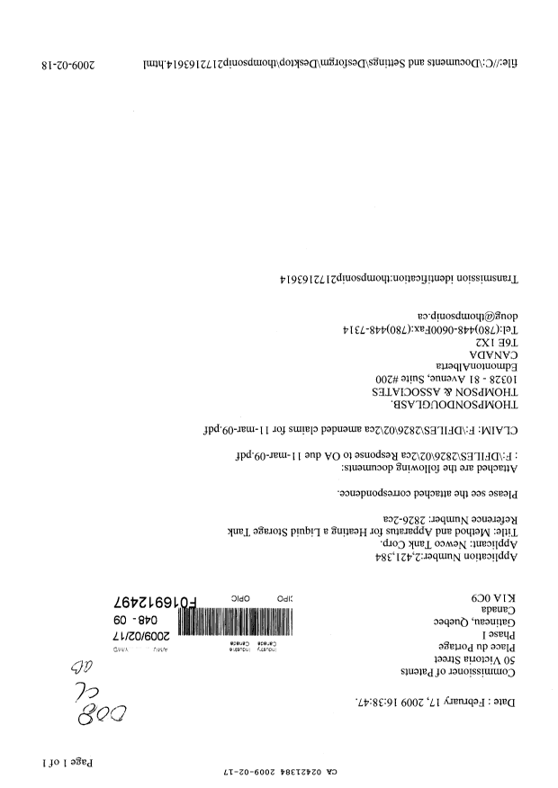 Document de brevet canadien 2421384. Poursuite-Amendment 20081217. Image 1 de 8