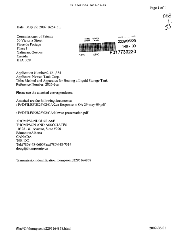 Canadian Patent Document 2421384. Prosecution-Amendment 20090529. Image 1 of 8
