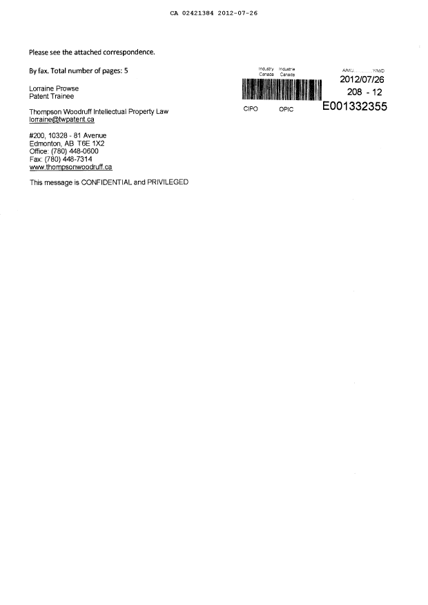 Document de brevet canadien 2421384. Poursuite-Amendment 20120726. Image 6 de 6