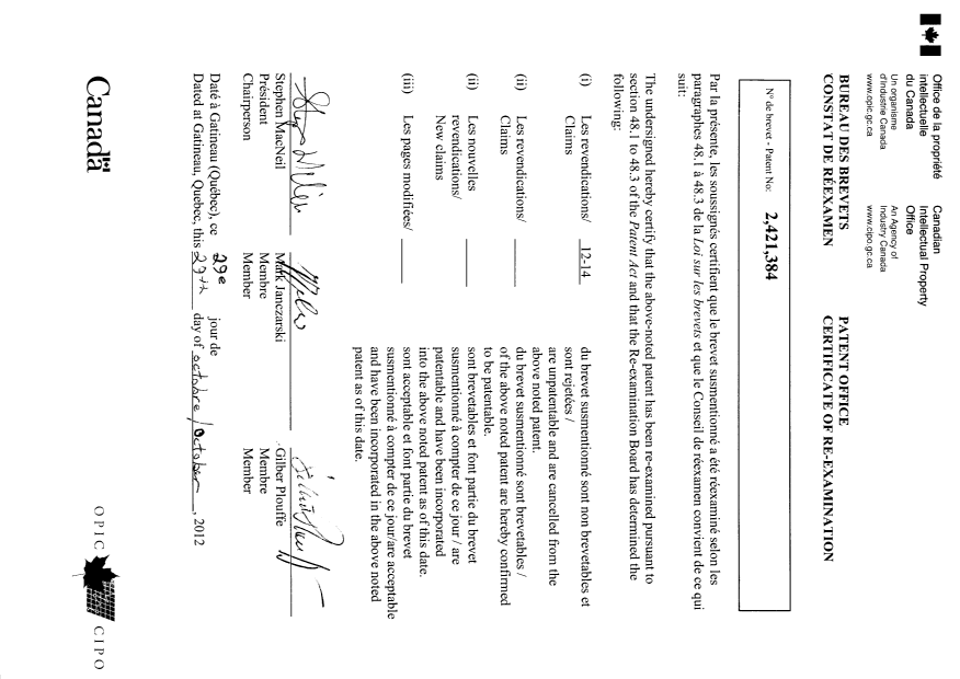 Document de brevet canadien 2421384. Page couverture 20121031. Image 2 de 15